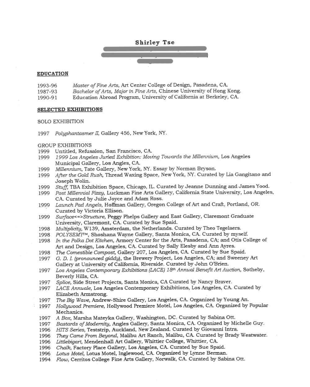 Shirley Tse's Resume, pg 1